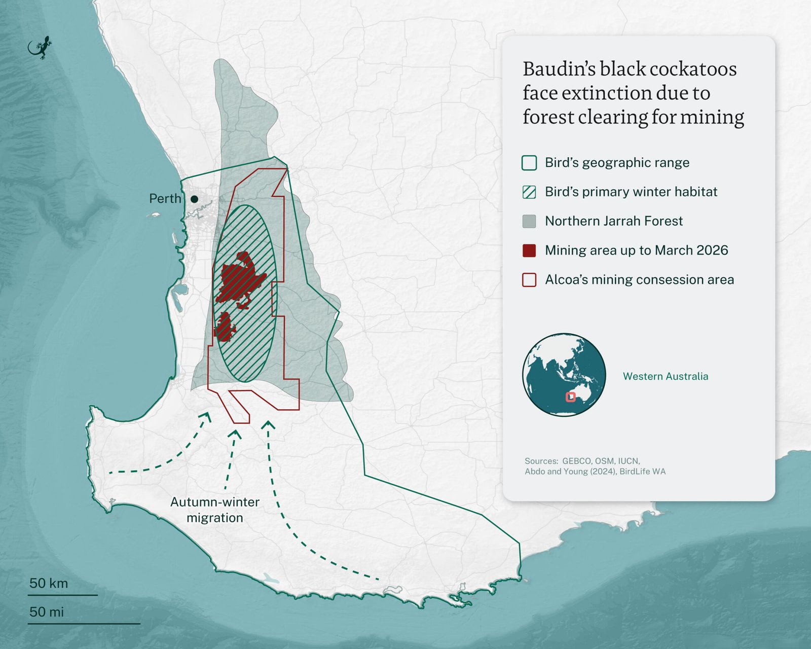 Baudin’s black cockatoo habitat map