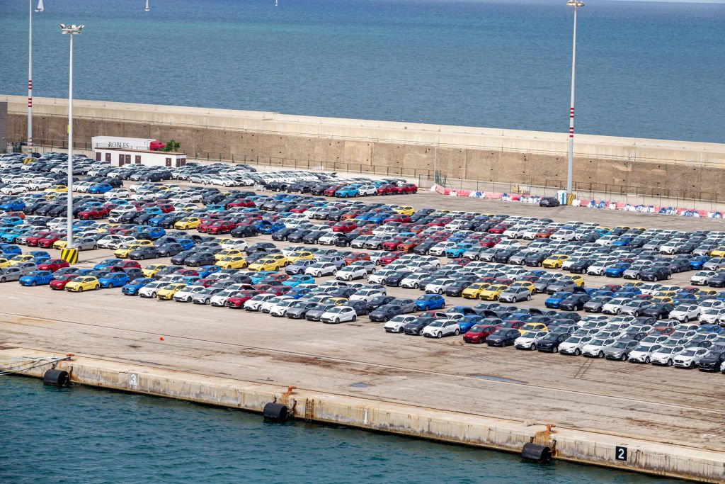 Barcelona, Spain, Catalonia, Port of Barcelona, aerial view, Chinese MG SAIC Motor imported new cars storage