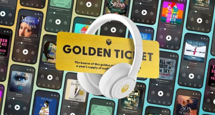 white over-ear headphones and a golden ticket imposed on a collage of mobile phones displaying different audiobooks