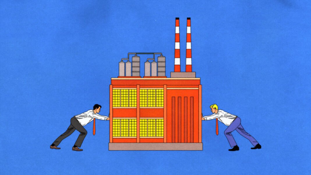 Illustration of two white collars pushing against a factory. 