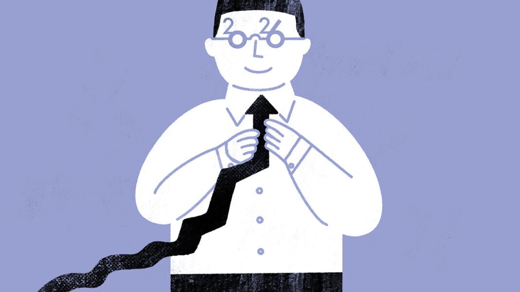 A man with 2026 glasses tying his tie. The tie is in the shape of an upward arrow. 