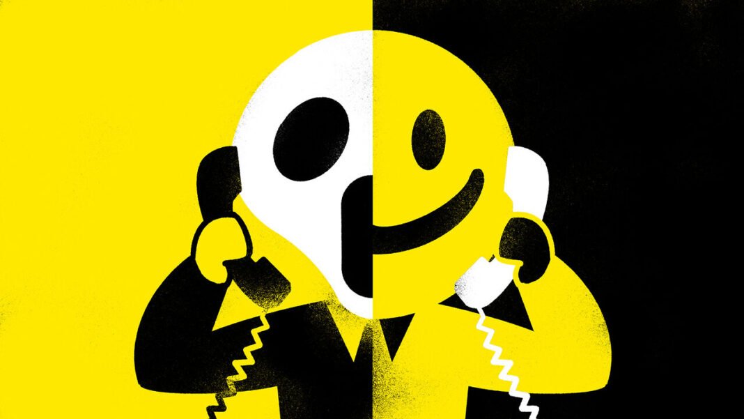 Markets are gripped by an alarming cognitive dissonance An illustration of a person holding two telephones. The left side of the face is the Scream by Munch, and the other side is a happy smiley.