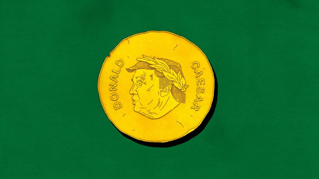 An illustration of a gold coin with Donald Trump wearing a laurel wreath crown. The coin reads "Donald Caesar".