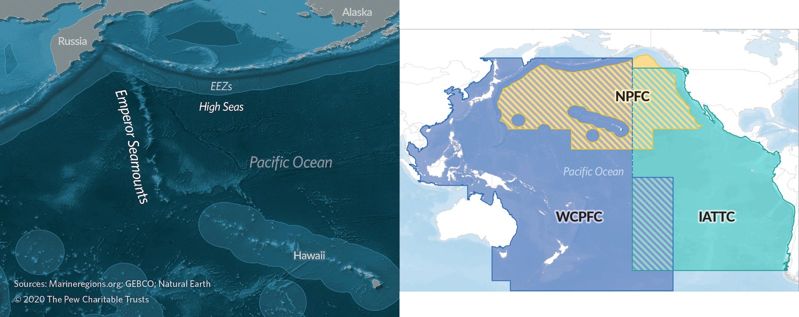 (Left) Map showing the Emperor Seamount Chain in the Northwest Pacific Ocean. (Right) The regulatory area of the North Pacific Fisheries Commission (NPFC) overlaps with those of both the Western and Central Pacific Fisheries Commission (WCPFC) and the Inter-American Tropical Tuna Commission (IATTC). The WCPFC and IATTC are regional management fisheries organizations that deal primarily with tuna and tuna-like species, while the NPFC manages non-tuna species.