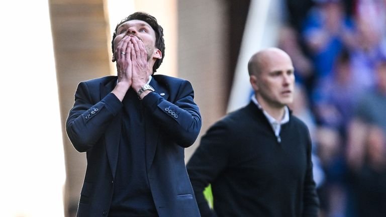 Rangers Head Coach Danny Rohl looks dejected during the Scottish Premiership match against Motherwell at Ibrox