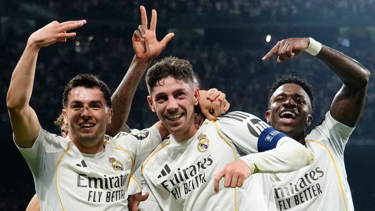 Real Madrid's Federico Valverde celebrates after scoring his third goal against Manchester City in the Champions League