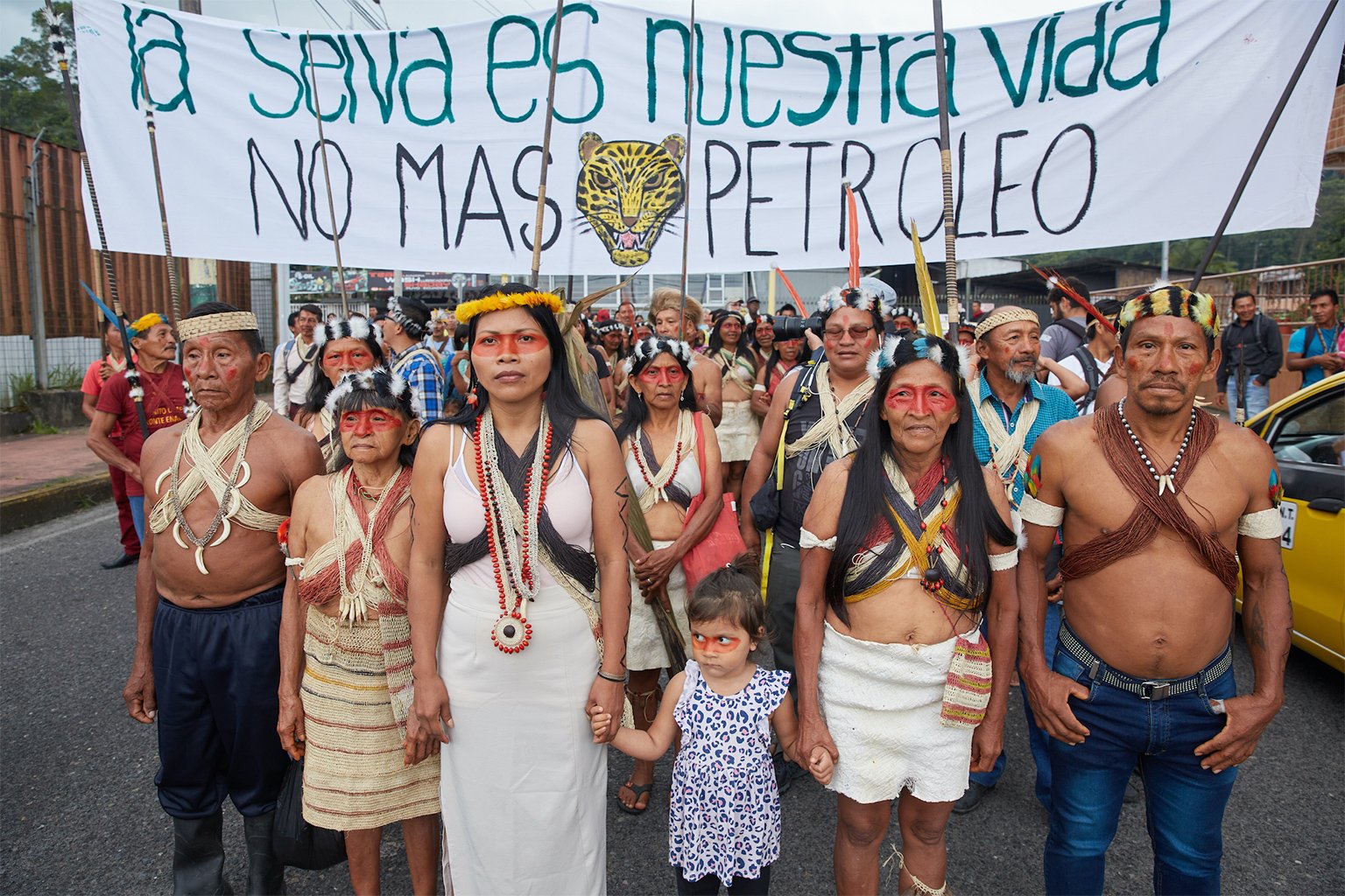 Waorani leader Nenquimo with the Pekinani, traditional leaders and warriors. In February 2019, they jointly mobilized after filing a lawsuit against the Ecuadorian government to protect their territory from oil drilling in Puyo, Pastaza and the Ecuadorian Amazon.
