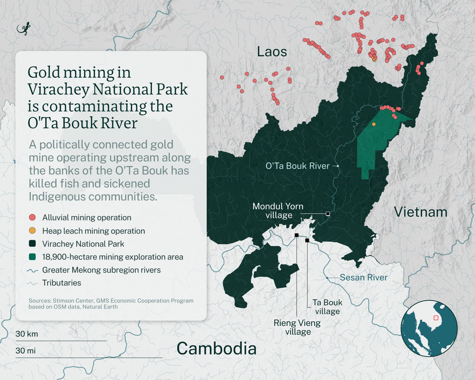 Mines identified by the Stimson Center match areas along the O’Ta Bouk River where Global Green was granted an 18,900-hectare exploratory mining license in 2023. The concession was transferred to Thea Karng Development Investment in January 2025. Image by Emilie Languedoc / Mongabay.