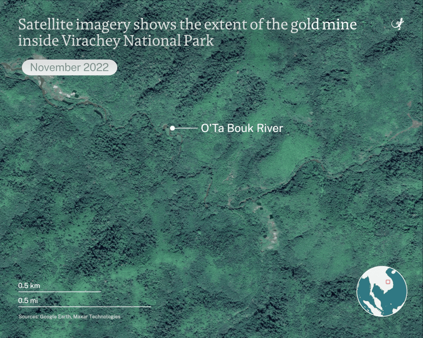 Satellite imagery from Google Earth shows how the gold mine was built atop the O’Ta Bouk River from late 2023 to the end of 2024, a period when documents show Global Green controlled the mining concession. Image by Emilie Languedoc/Mongabay.
