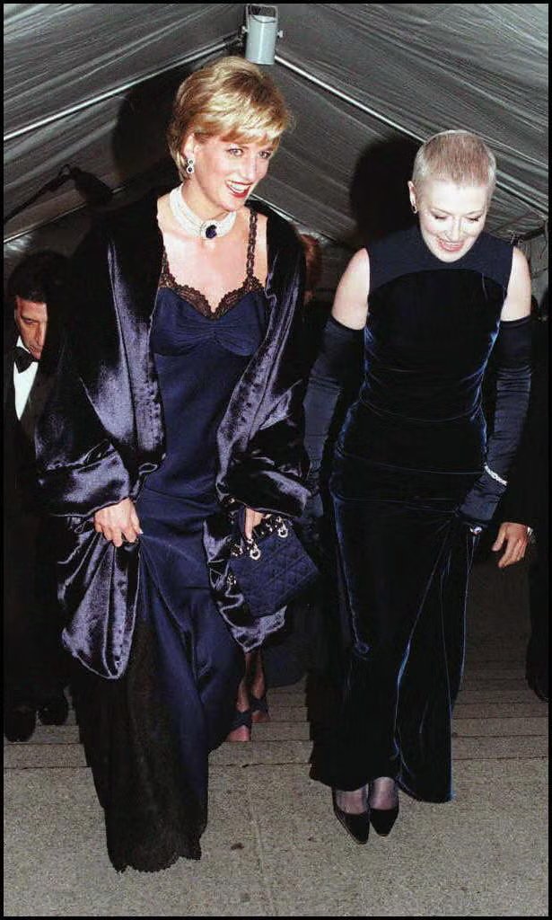 Diana Princess of Wales (left) arrives at the 1996 Met Gala with her friend Liz Tilberis