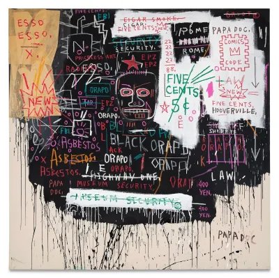 A painting of scrawled phrases over a drippy black background.