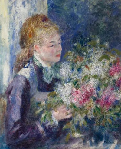 A painting of a woman holding a vase filled with flowers.