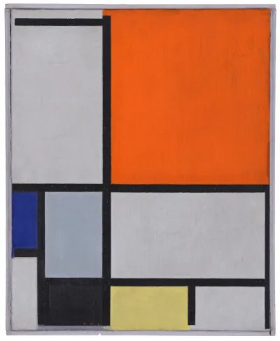 An abstract painting composed of square-shaped swatches of color grouped together in a grid-like form, with thick black lines separating them.