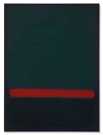 An abstract painting composed of a big green square and a darker green rectangle separated by a bright red line.