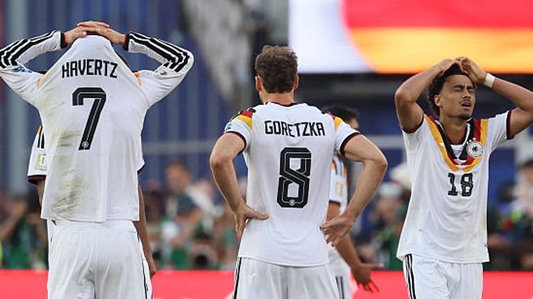 Germany's players reacts during the penalty shootout of the 2026 World Cup round of 32 football match between Germany and Paraguay at the Boston Stadium in Foxborough on June 29, 2026.  (Photo by Odd ANDERSEN / AFP)