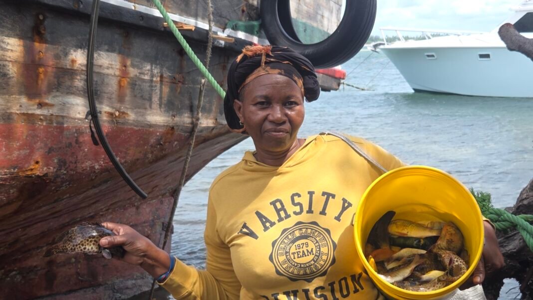 Alice Kazungu, a fishmonger and vice chair of the newly formed Mida Beach Management Unit (BMU), in Watamu, Kenya. Image by David Akana/Mongabay.