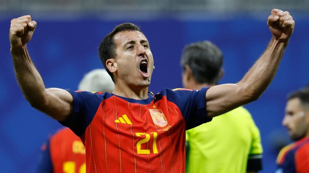 Spain's Mikel Oyarzabal celebrates after scoring against Saudi Arabia in Atlanta . (AP Photo/Erik S.Lesser)