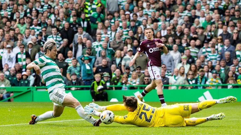 Daizen Maeda scores to give Celtic a 2-1 lead against Hearts