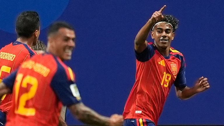 Spain's Lamine Yamal celebrates after scoring the opening goal against Saudi Arabia (AP Photo/Mike Stewart)