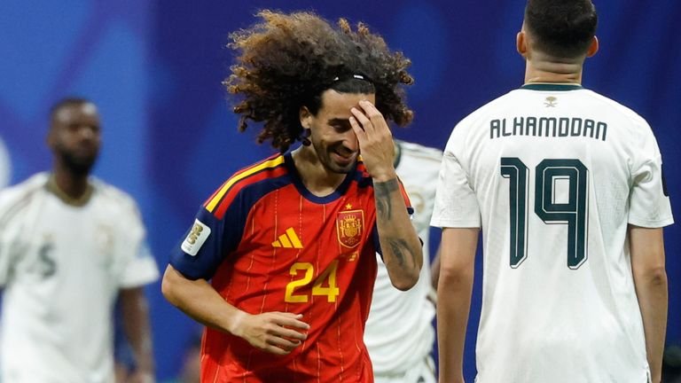 Spain's Marc Cucurella reacts after Saudi Arabia's Hassan Altambakti scores an own goal, making it 4-0 (AP Photo/Erik S.Lesser)