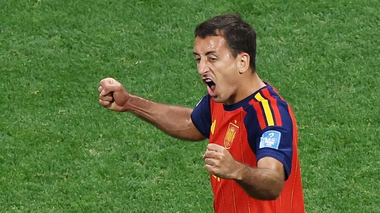 Mikel Oyarzabal celebrates his first goal for spain