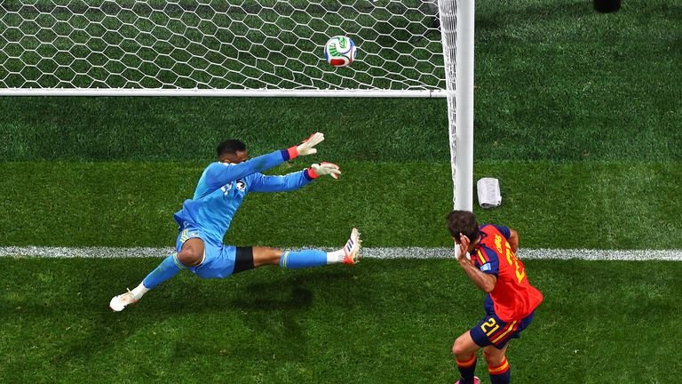 Mikel Oyarzabal scores to put Spain 3-0 up against Saudi Arabia (AP Photo/Colin Hubbard)