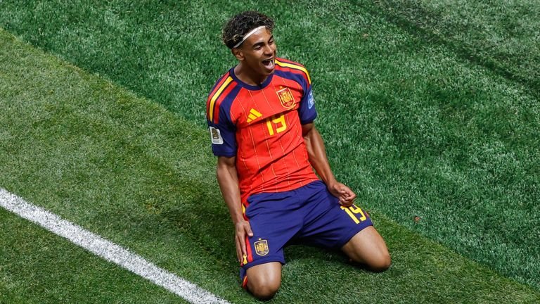 Spain's Lamine Yamal celebrates after scoring the opening goal against Saudi Arabia 