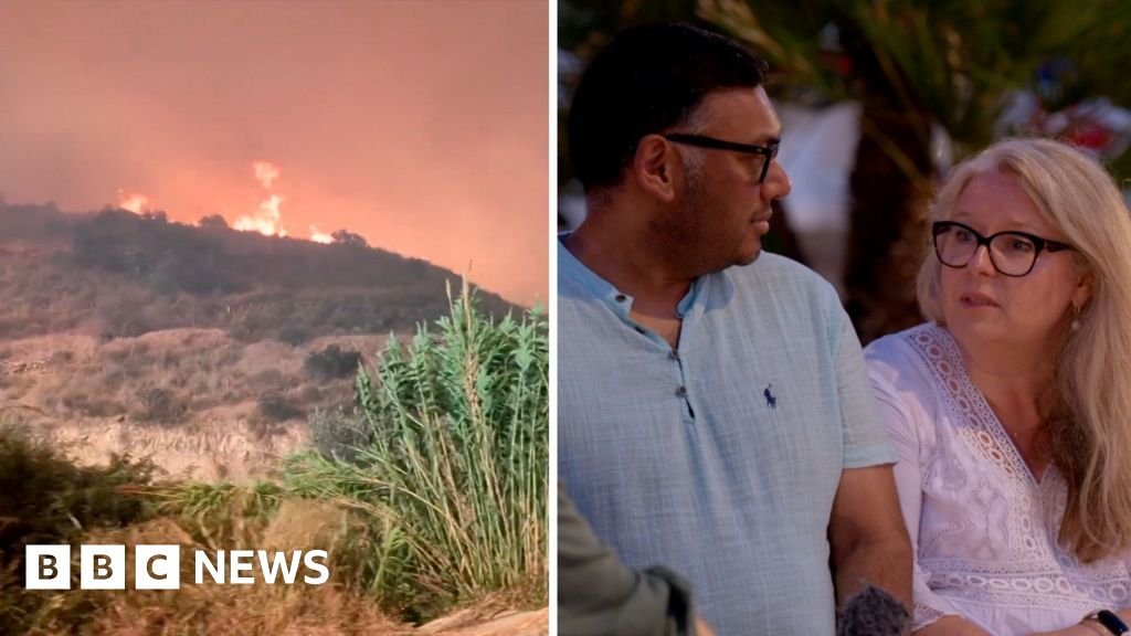 'We escaped Spanish wildfire, but our friends lost their lives' Composite image showing flames burning on hill on the left and couple sitting next to each other on the right