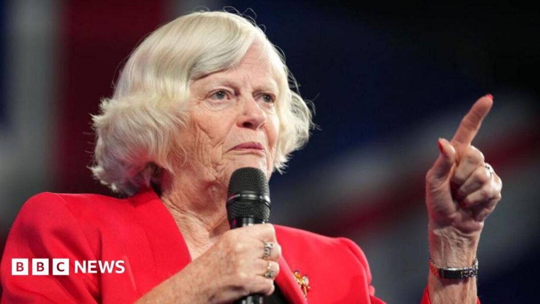 Ann Widdecombe public memorial to be held later this year, Ann Widdecombe wears a red jacket and holds a microphone while speaking at the Reform Party 2024 Conference.