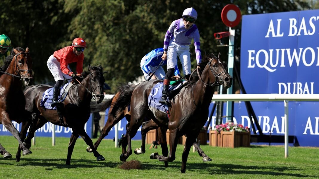 Comanche Brave, Billy Loughnane, on their way to winning the Al Basti Equiworld, Dubai July Cup Stakes during July Cup Day at Newmarket