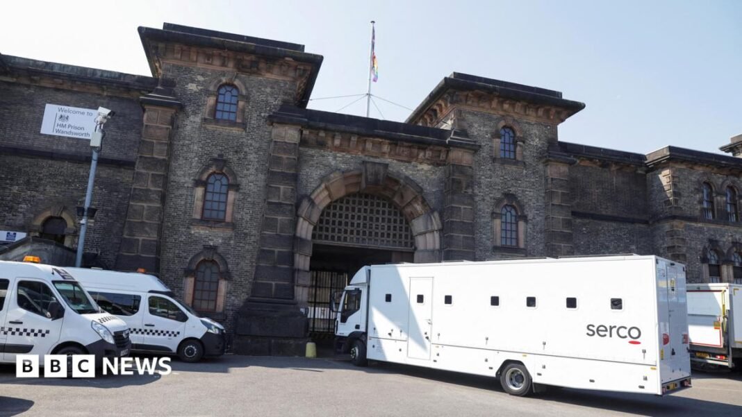 An image of a Serco-branded vehicle driving into Wandsworth prison. 
