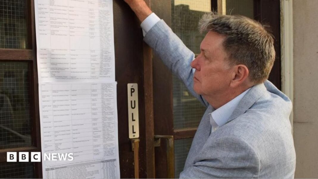 Ian Davidson posting the statement of persons nominated outside Clacton Town Hall. He is on the right, has short light brown hair and is wearing a light grey jacket over an open-neck shirt. His right arm is upraised as he puts the long list of typed names on to the brown wooden and glass door. 