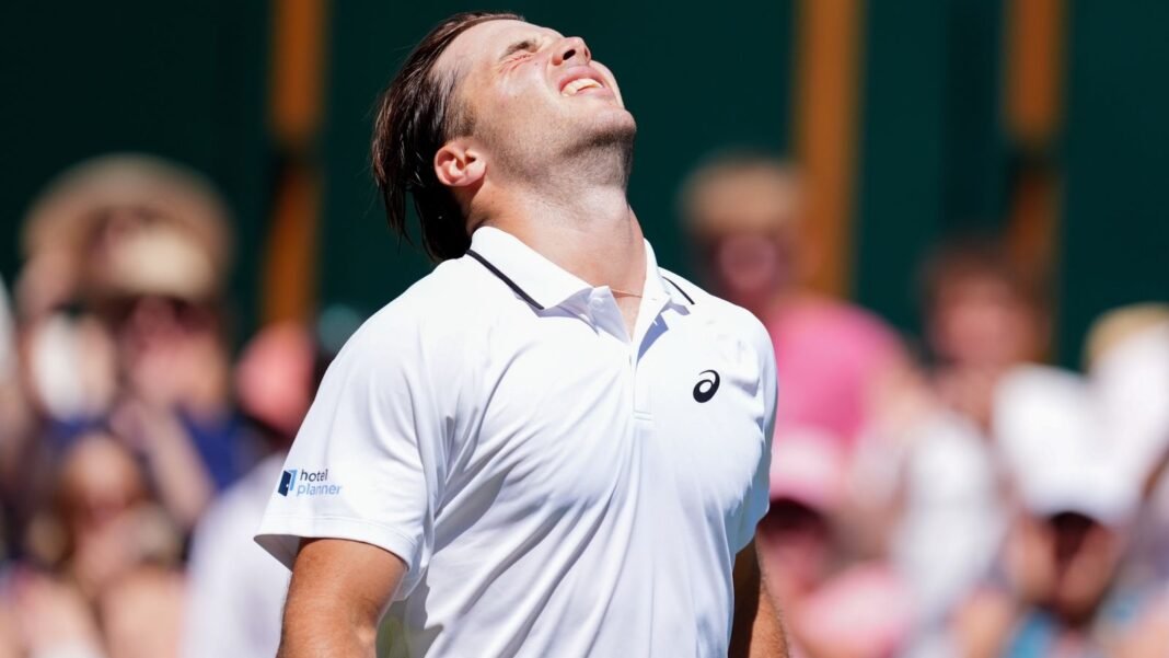 Arthur Fery of Great Britain celebrates victory following his Gentlemen's Singles match against Otto Virtanen of Finland on day four of the 