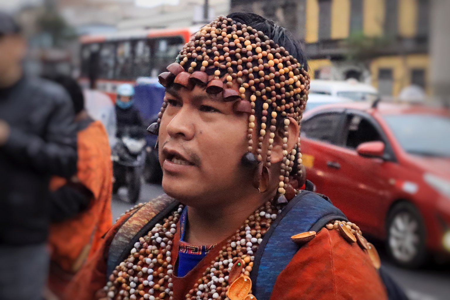 Herlin Odicio Estrella, Indigenous leader and president of FENACOKA, outside the Congress of the Republic of Peru during a protest in defense of PIACI (Indigenous Peoples in Isolation and Initial Contact), 2023. 