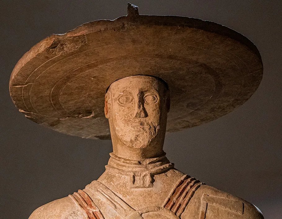 Zoom in on the head, of the "Warrior of Capestran," with its wide-brimmed hat, currently held in Abruzzo’s National Archaeology Museum in Chieti, Italy, photo courtesy of Alessio Consorte.