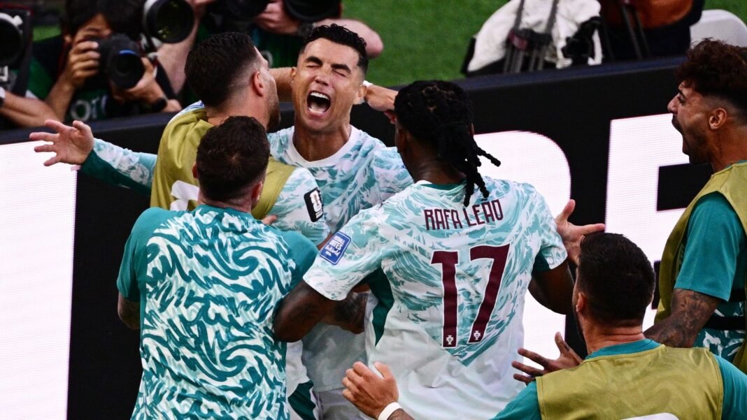 Late VAR drama as Portugal beat Croatia to keep Ronaldo's Portugal's Cristiano Ronaldo (7) celebrates with teammates after scoring their first a goal on a penalty kick during the World Cup round of 32 soccer match between Portugal and Croatia in Toronto, Thursday, July 2, 2026. (Sammy Kogan/The Canadian Press via AP)