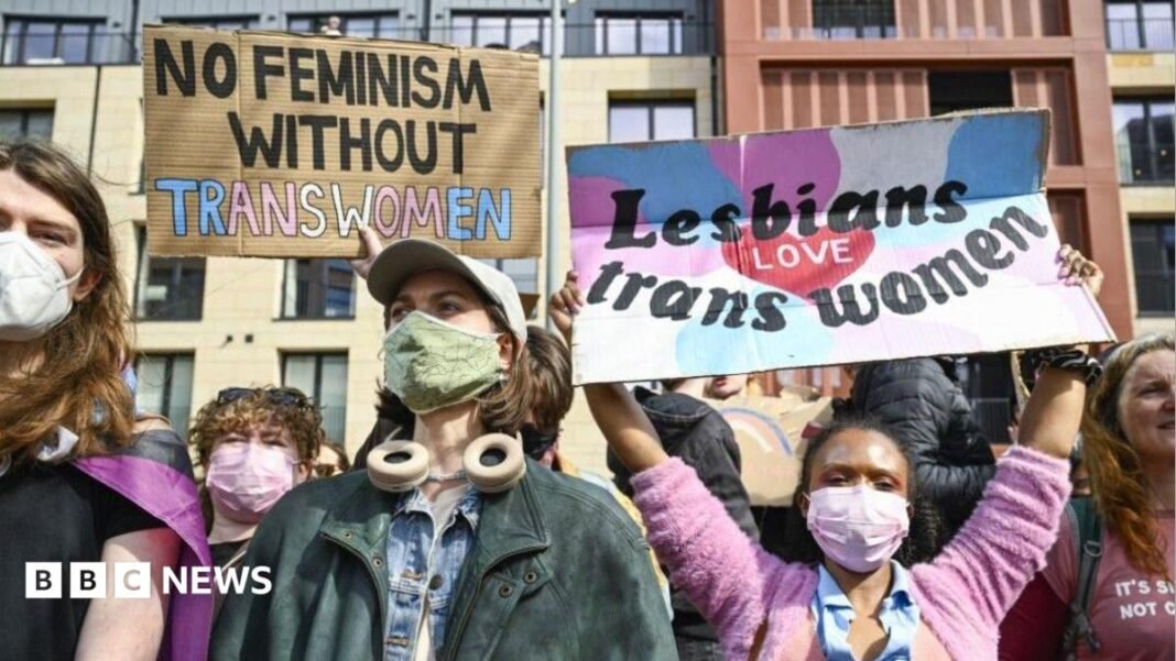A group of protesters hold up placards. One reads "No feminism without trans women". Another reads "lesbians love trans women" and is being held up by a woman wearing a pink cardigan and a pink face mask. 