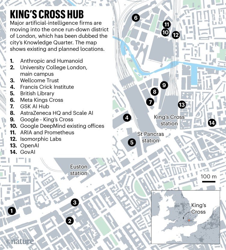 KING'S CROSS HUB. Map shows existing or planned locations of major artificial intelligence firms in King's Cross, London.