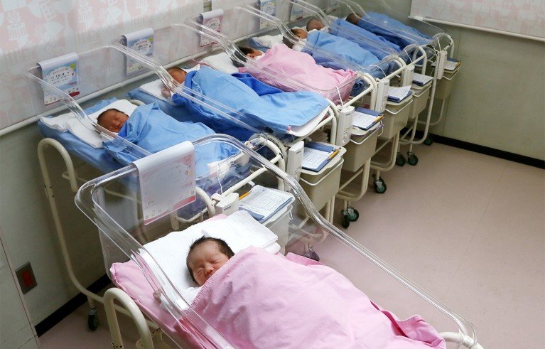 A hospital nursery showing seven newborn babies lying in individual clear plastic bassinets arranged in two rows. Babies are wrapped in pink and blue blankets.
