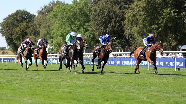 Aalto, ridden by William Buick, on their way to winning the Betway Bunbury Cup  at Newmarket