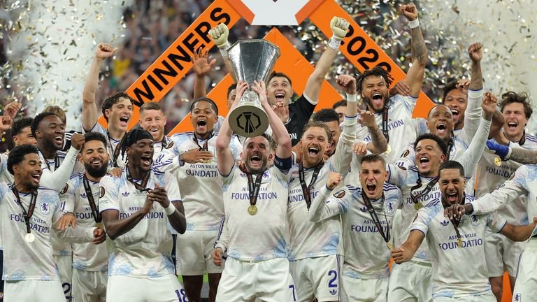 Aston Villa players celebrate their Europa League triumph