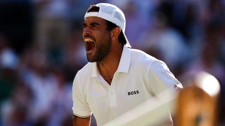 Matteo Berrettini of Italy celebrates victory following his Gentlemen's Singles match against Arthur Fils of France on day four of the 2026 