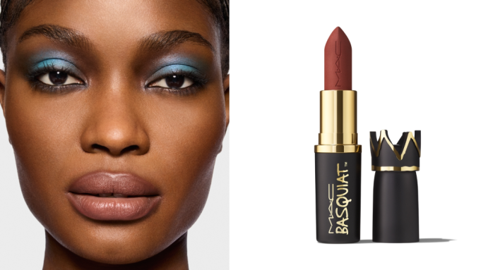 A lipstick tube that reads Basquiat and a cap that is shaped like a crown.