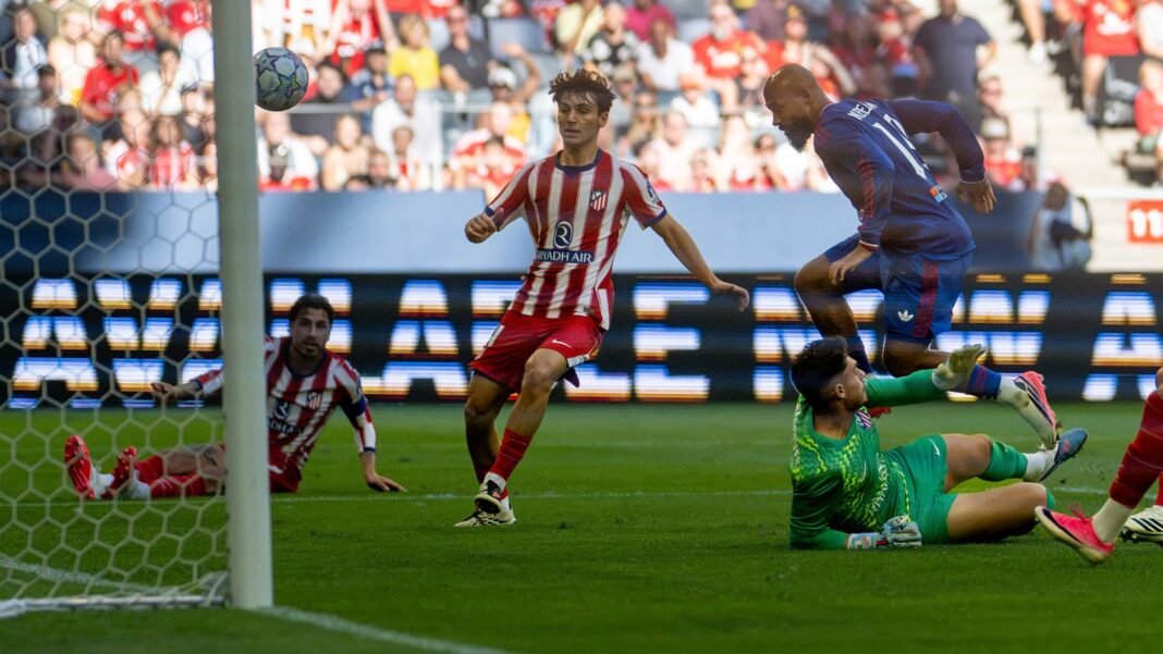 Bryan Mbeumo scores the winning goal for Manchester United against Atletico Madrid in the Snapdragon Cup
