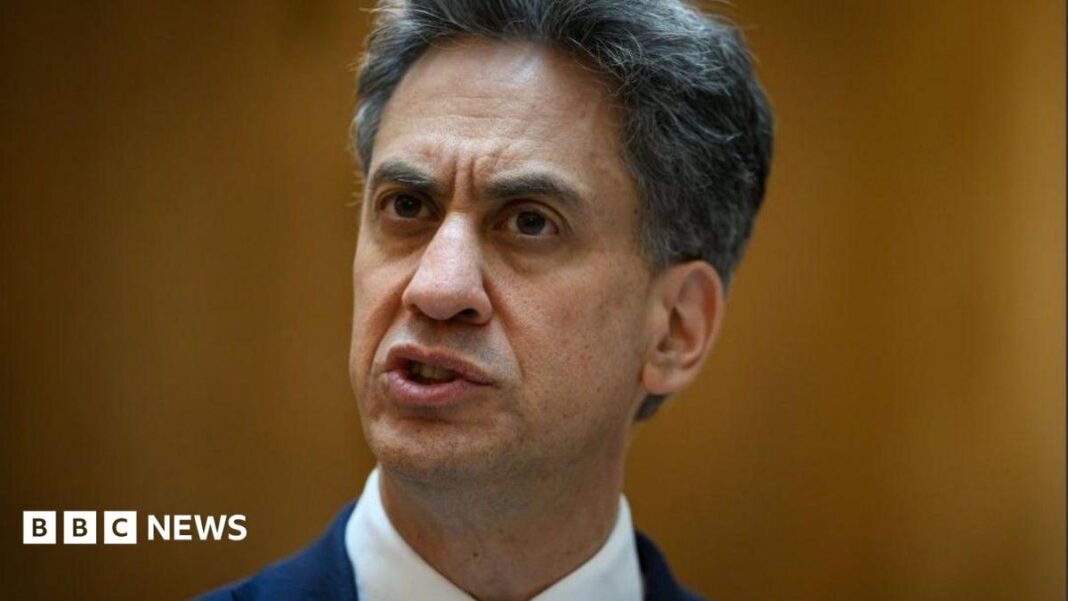 Miliband says re-opening Strait of Hormuz 'essential' as he meets A headshot of Miliband, who looks serious and has medium length salt-and-pepper hair. He wears a blue suit over a white shirt and tie