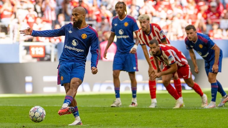 Bryan Mbeumo scores from the penalty spot to level the game against Atletico