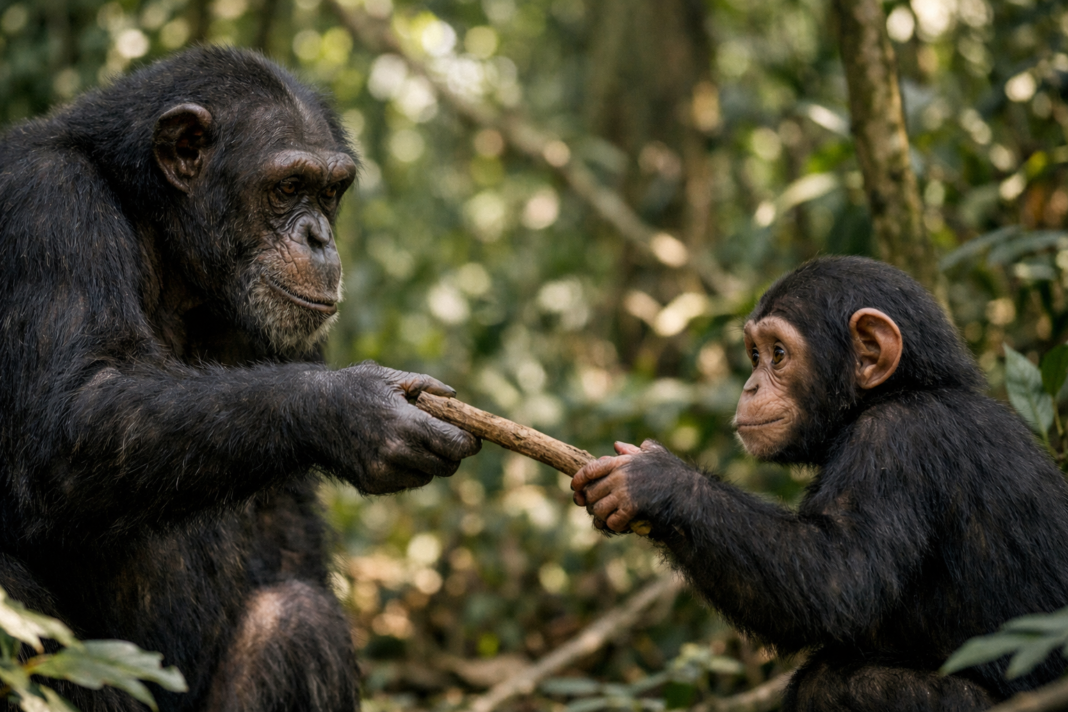 Adult chimps hand youngsters tools, illuminating how skills are passed on