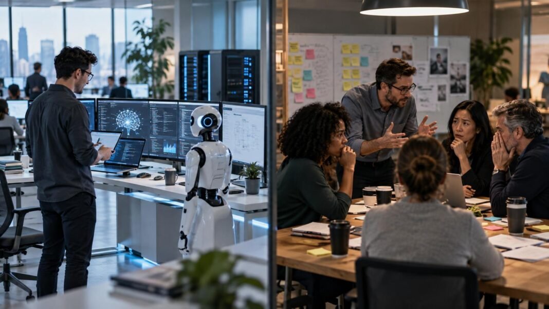AI robot and team collaborating in modern technology office