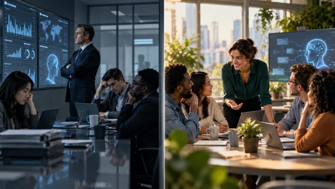 Contrasting AI team meetings in dark and bright offices